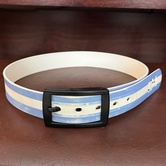C4 Equestrian Belt w C4 Black Buckle, White with Light Blue Stripes, Small - Picture 4 of 11